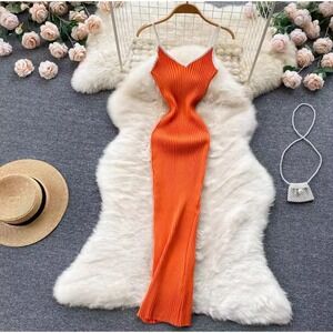 Orange Ribbed Knit Bodycon Midi Dress Sleeveless White Trim Sexy‎ Party size s/m